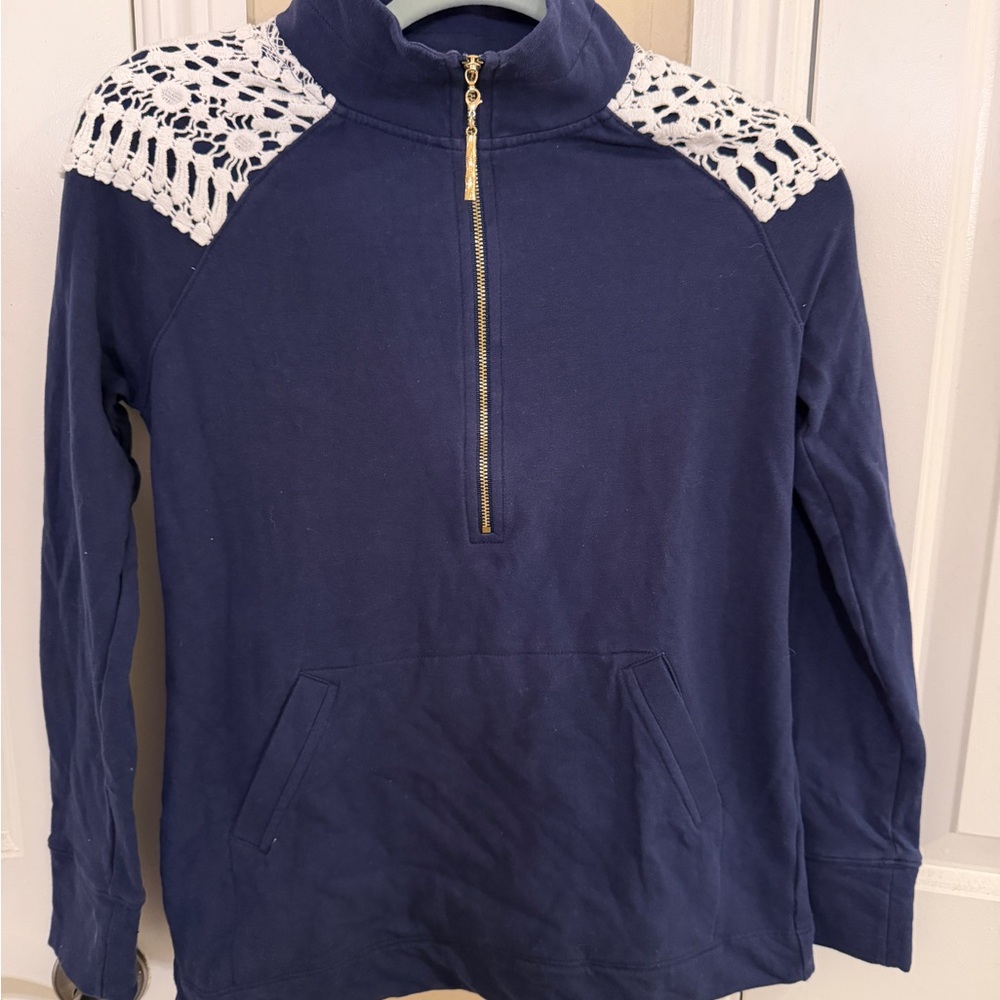 Lilly Pulitzer Navy Pullover with White Lace Trim